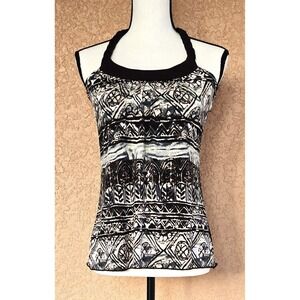 BCX Women's Small Sleeveless Tribal Print Blouse Braided Neck Boho Top S